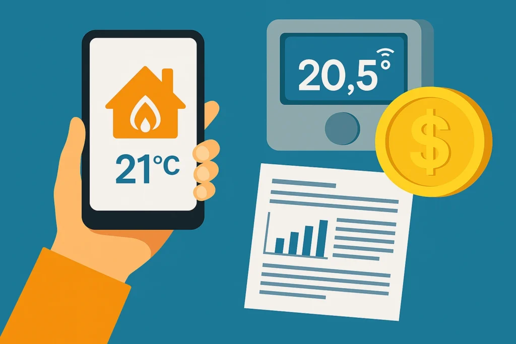 Ilustración de un termostato inteligente con ahorro energético y finanzas personales